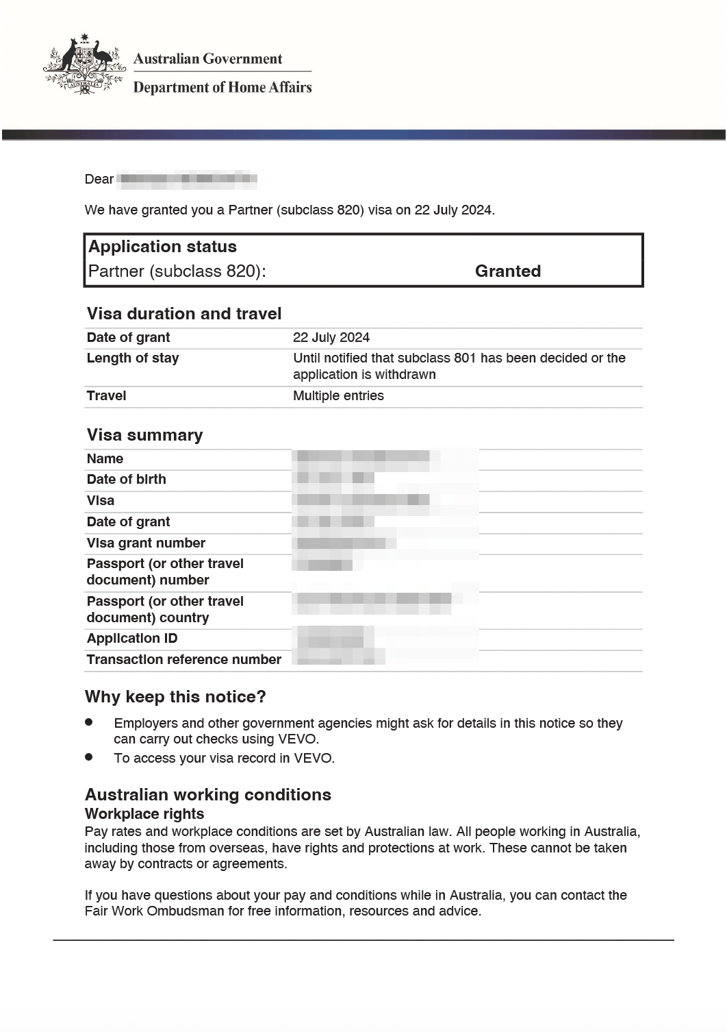 Partner Visa Australia granted approval letter