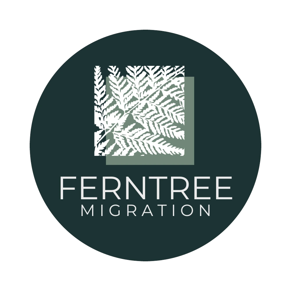 Ferntree Migration logo: white fern leaf on a dark green background